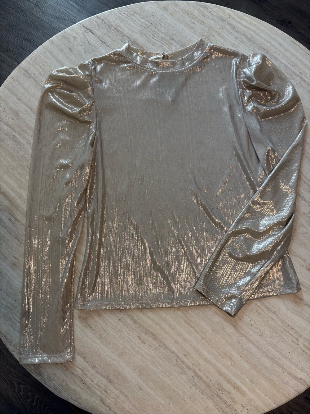 Alice Blue Metallic Silver Long-Sleeve Puff Shoulder Top